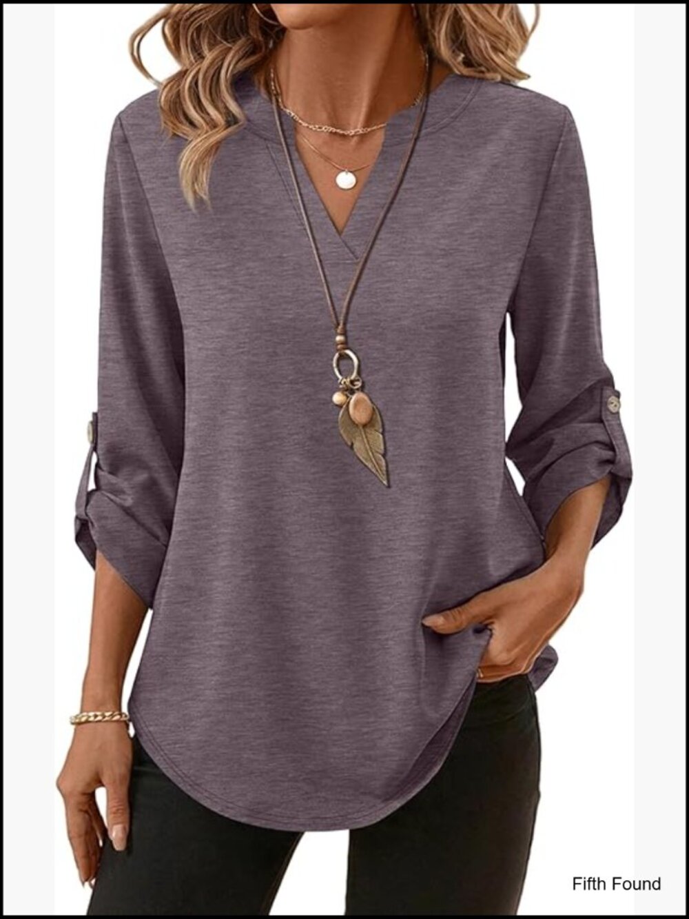 3/4 Length Sleeve V Neck T Shirt with Side Buttons Blouses Business Casual